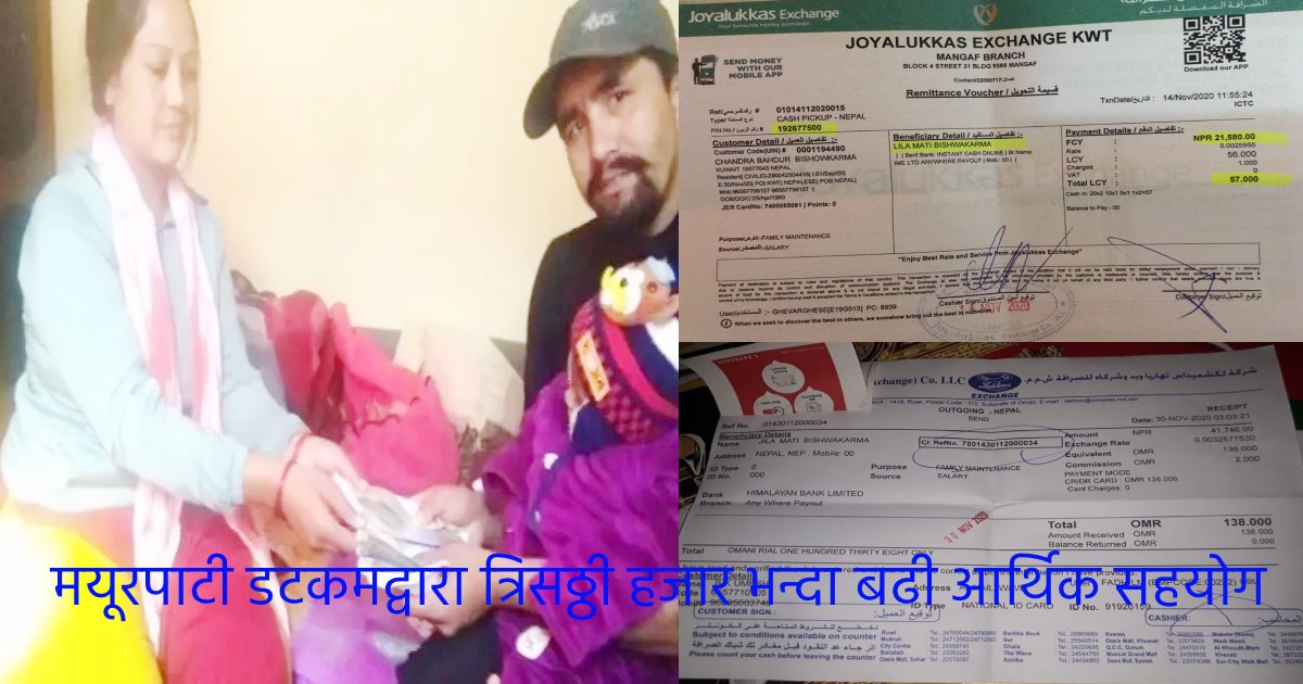 मयूरपाटी डटकमद्वारा त्रिसठ्ठी हजार भन्दा बढी आर्थिक सहयोग (विवरण सहित)