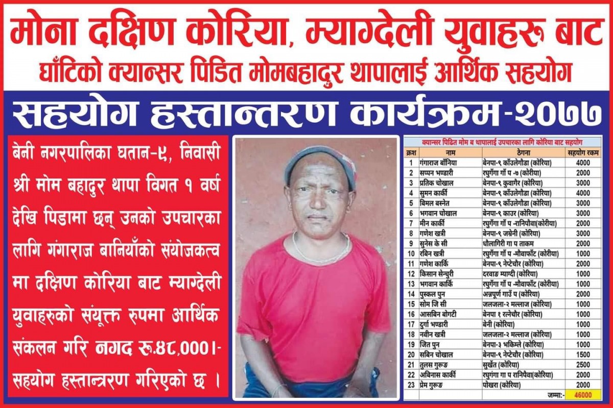 क्यान्सरबाट पिडित थापालाई दक्षिण कोरियामा रहेका म्याग्देली युवाहरुवाट सहयोग