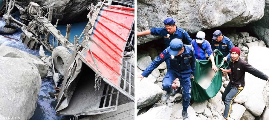 मनाङको नासोंमा मालबाहक ट्रक मर्स्याङ्दी नदीमा दुर्घटना छ जनाको निधन